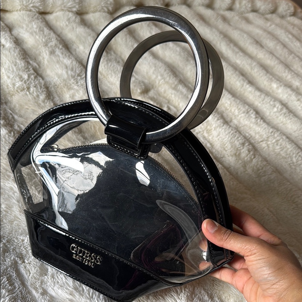 GUESS Clear Black Patent Dome Handbag with Solid Handles